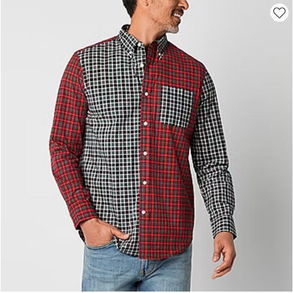 St. Johns Bay Shirt Mens Small Red Black Tartan Mashup Long Sleeve Button-Down - Picture 1 of 14
